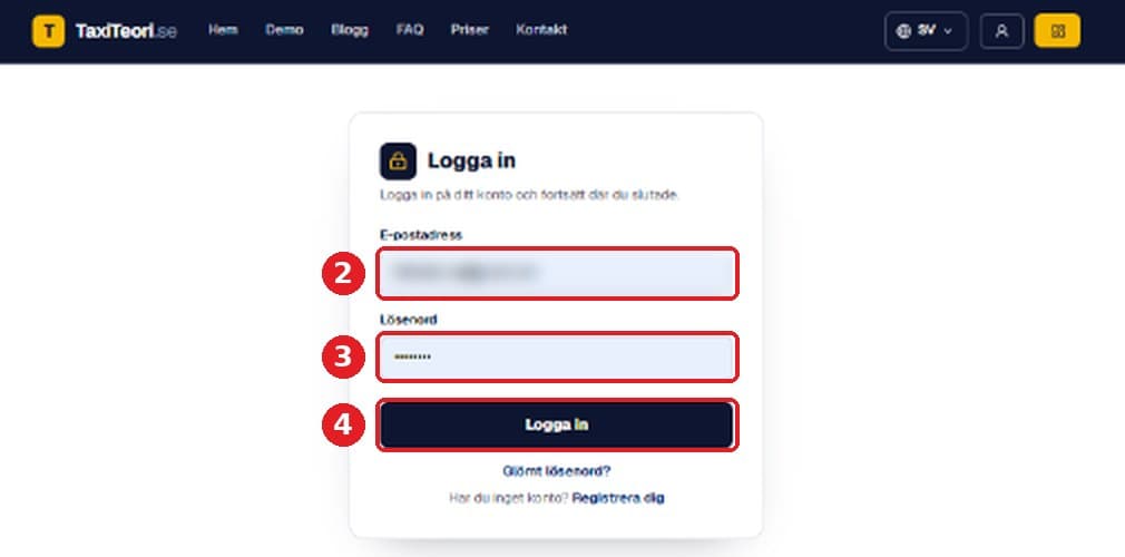 Fyll i e-post och lösenord, tryck sedan Logga in