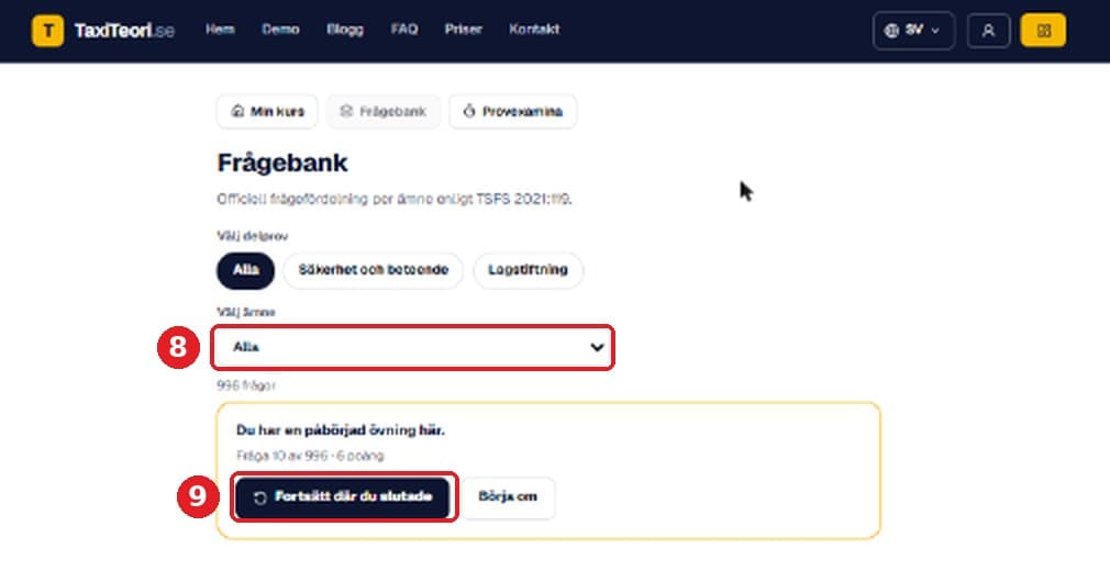Frågebank — 1000+ frågor per ämne