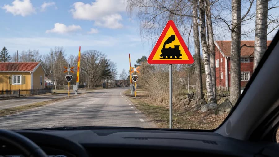 Ett vägmärke visar en röd triangel med en bild av ett tåg. Vad varnar märket för?