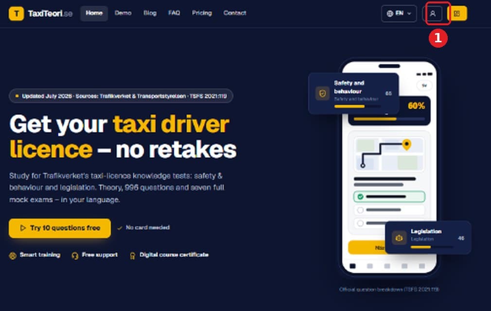 Open taxiteori.se and click the log-in button