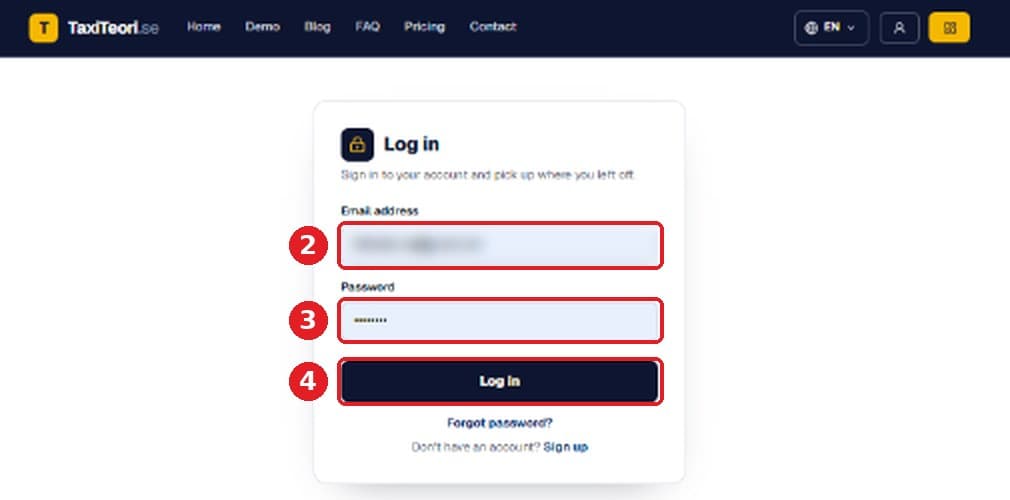 Type your email and password, then press Log in